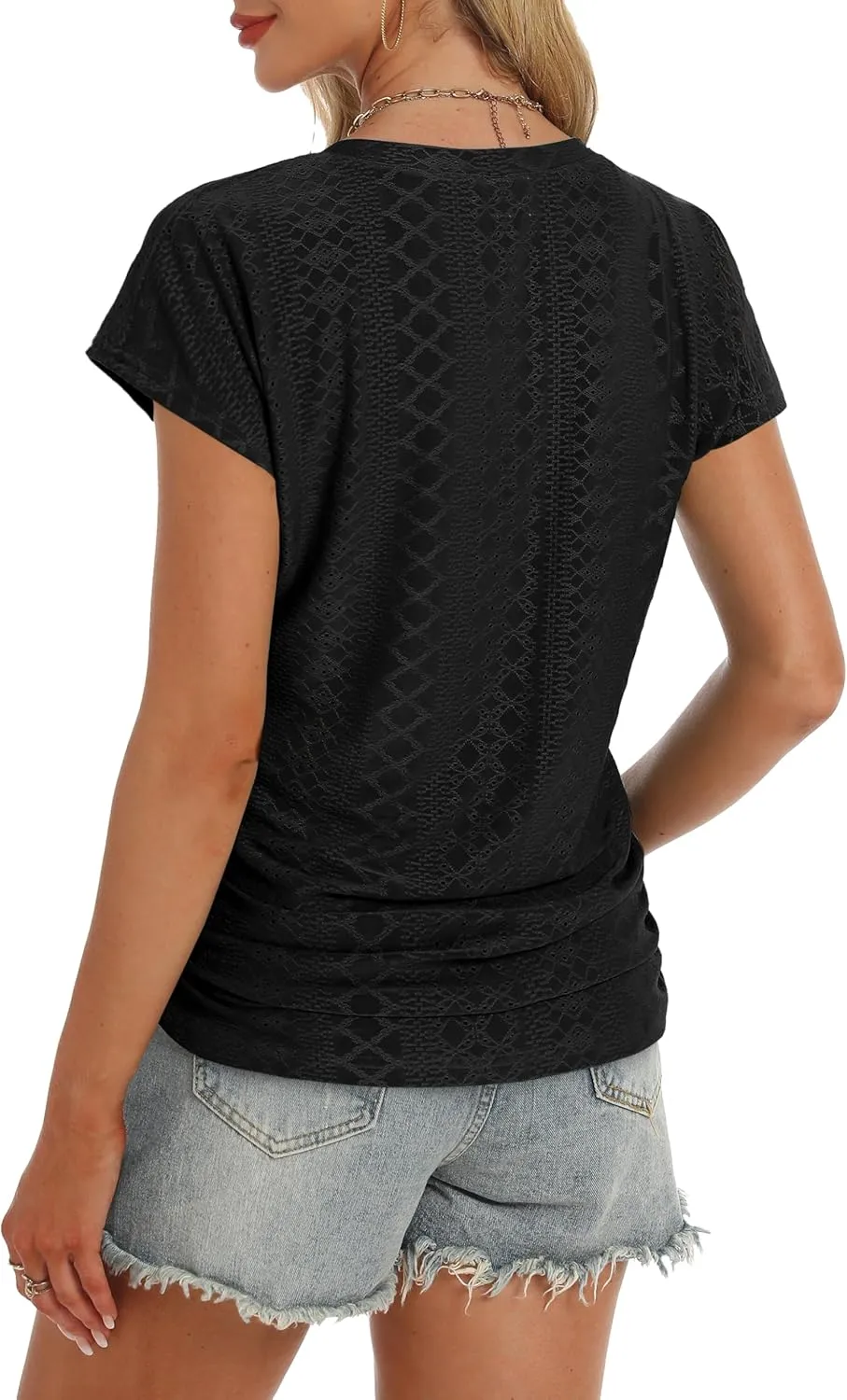 Eyelet Womens Tops Cap Sleeve V Neck T Shirts for Women Casual Loose Basic Tee Summer Shirts 2025 Trendy Clothes