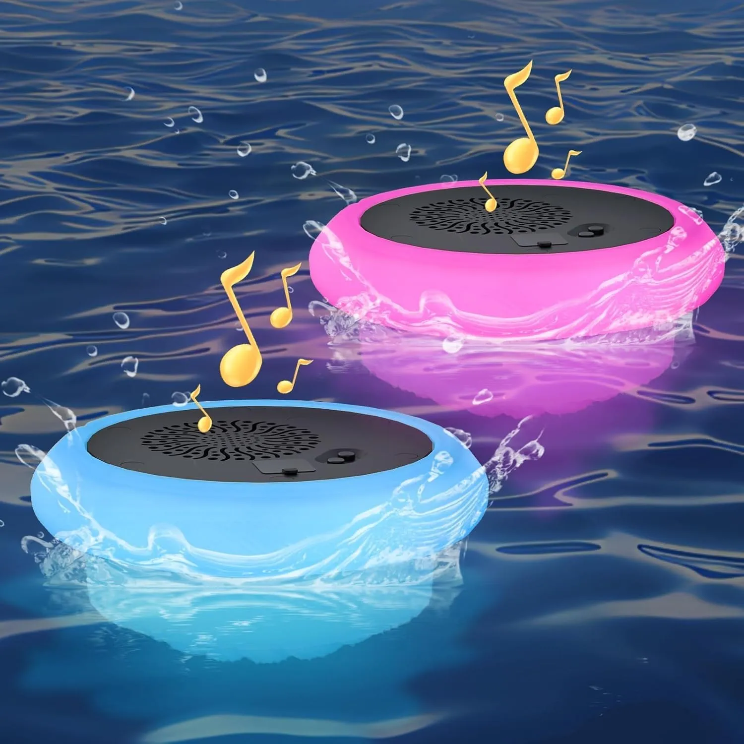 Floating Pool Speaker with Lights LED Show TWS Pair IP66 Water-Resistant Portable Floating Pool Lights USB Rechargeable with Remote for Swimming Pool Beach Outdoor(2-Pack)
