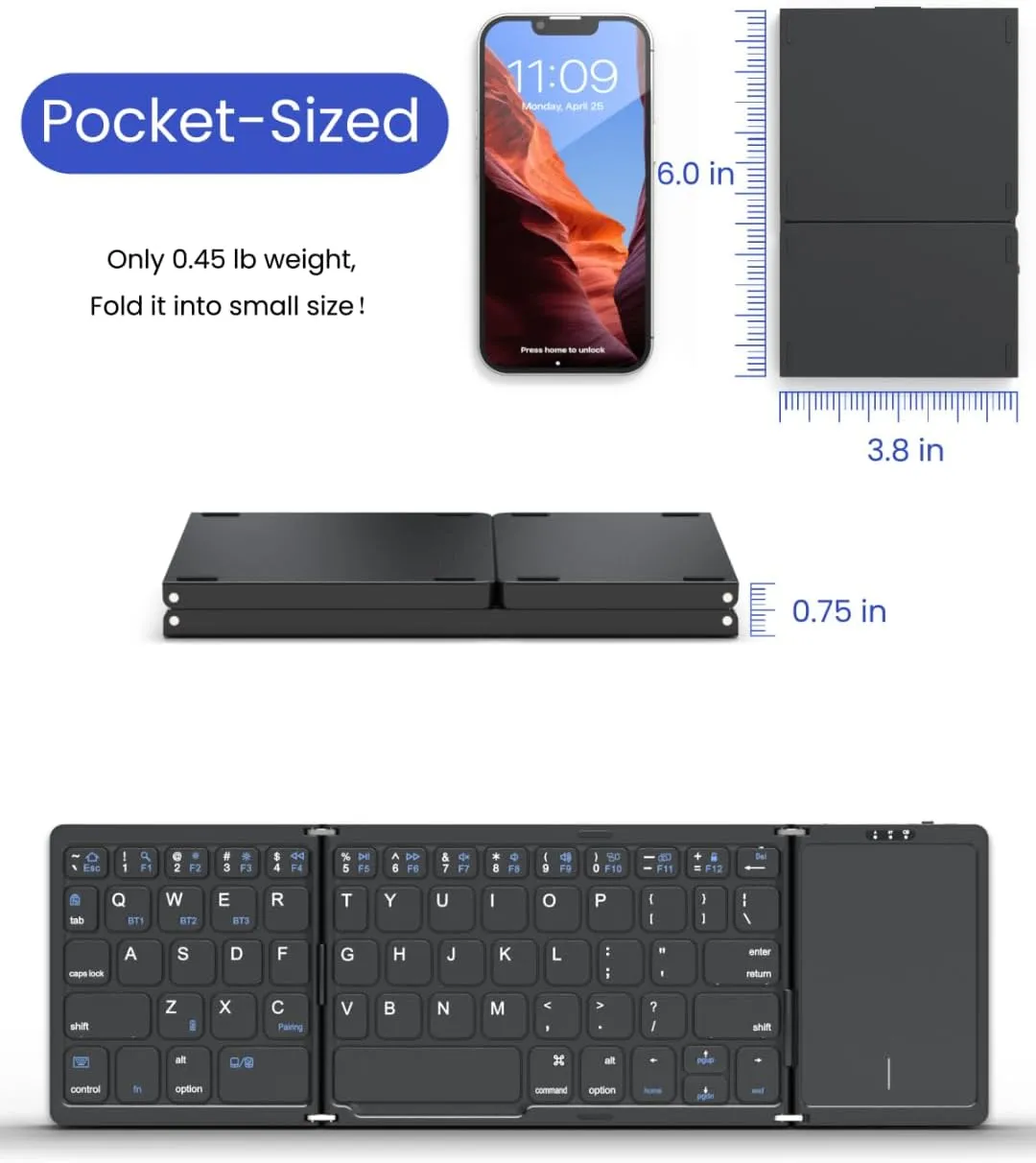 Foldable Bluetooth Keyboard, Folding Portable Wireless Keyboard with touchpad,Travel Pocket Keyboard for iOS Android Windows Mac Smartphone Tablet & Laptop, Sync Up to 3 Devices, Black
