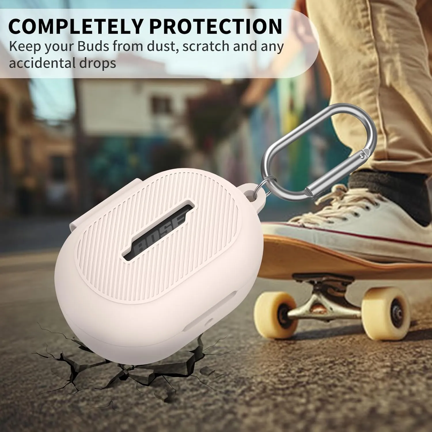 for Bose New QuietComfort Earbuds (2024) Case Cover with Cleaning Kit, Soft Silicone Protective Earbuds Case with Carabiner, Logo and Front LED Visible (Beige)