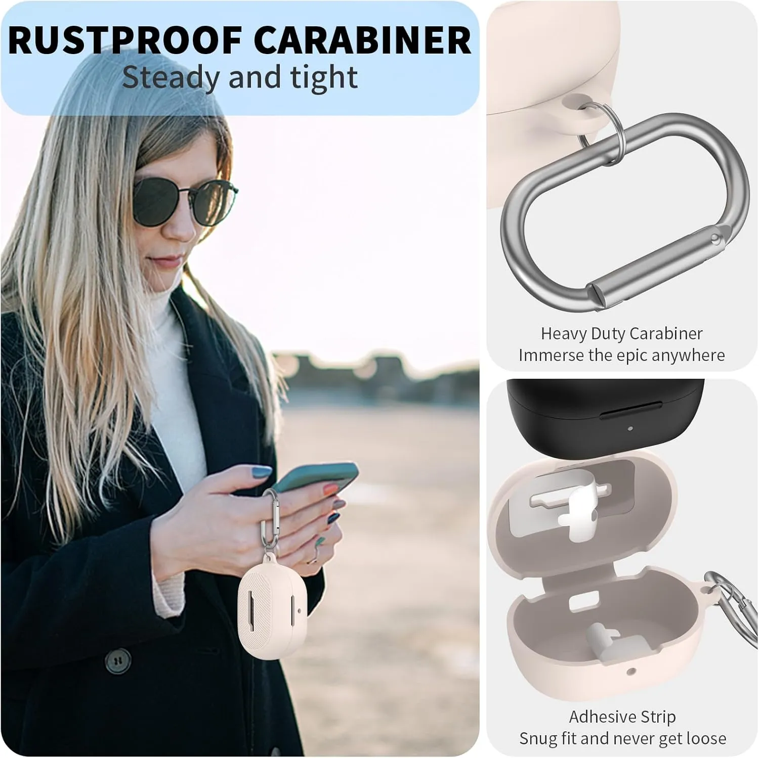 for Bose New QuietComfort Earbuds (2024) Case Cover with Cleaning Kit, Soft Silicone Protective Earbuds Case with Carabiner, Logo and Front LED Visible (Beige)