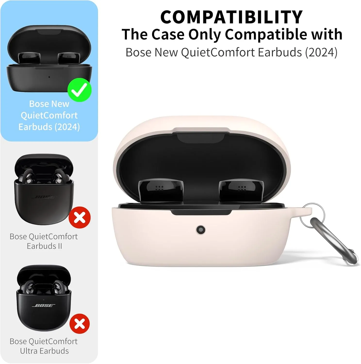 for Bose New QuietComfort Earbuds (2024) Case Cover with Cleaning Kit, Soft Silicone Protective Earbuds Case with Carabiner, Logo and Front LED Visible (Beige)
