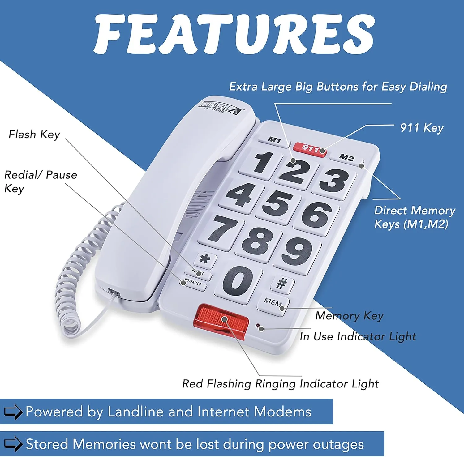Future Call FC-8888 Big Button Phone for Seniors | Large Button Phones for Seniors | Phone for Visually Impaired and Telephones for Hearing Impaired | 40db Handset | Best Landline Phones for Seniors