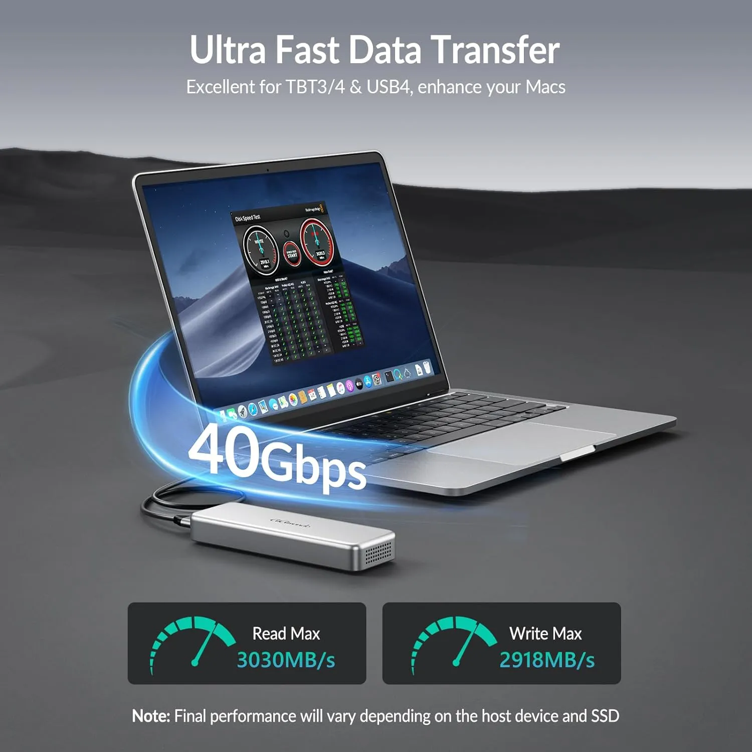 G40 USB4 40Gbps Portable SSD 1TB, CNC Crafted Aluminum, Built-in Active Turbo Fan External SSD for Content Creators and Creative Professionals, Up to 3200MB/S Ultra Fast Data Transfer
