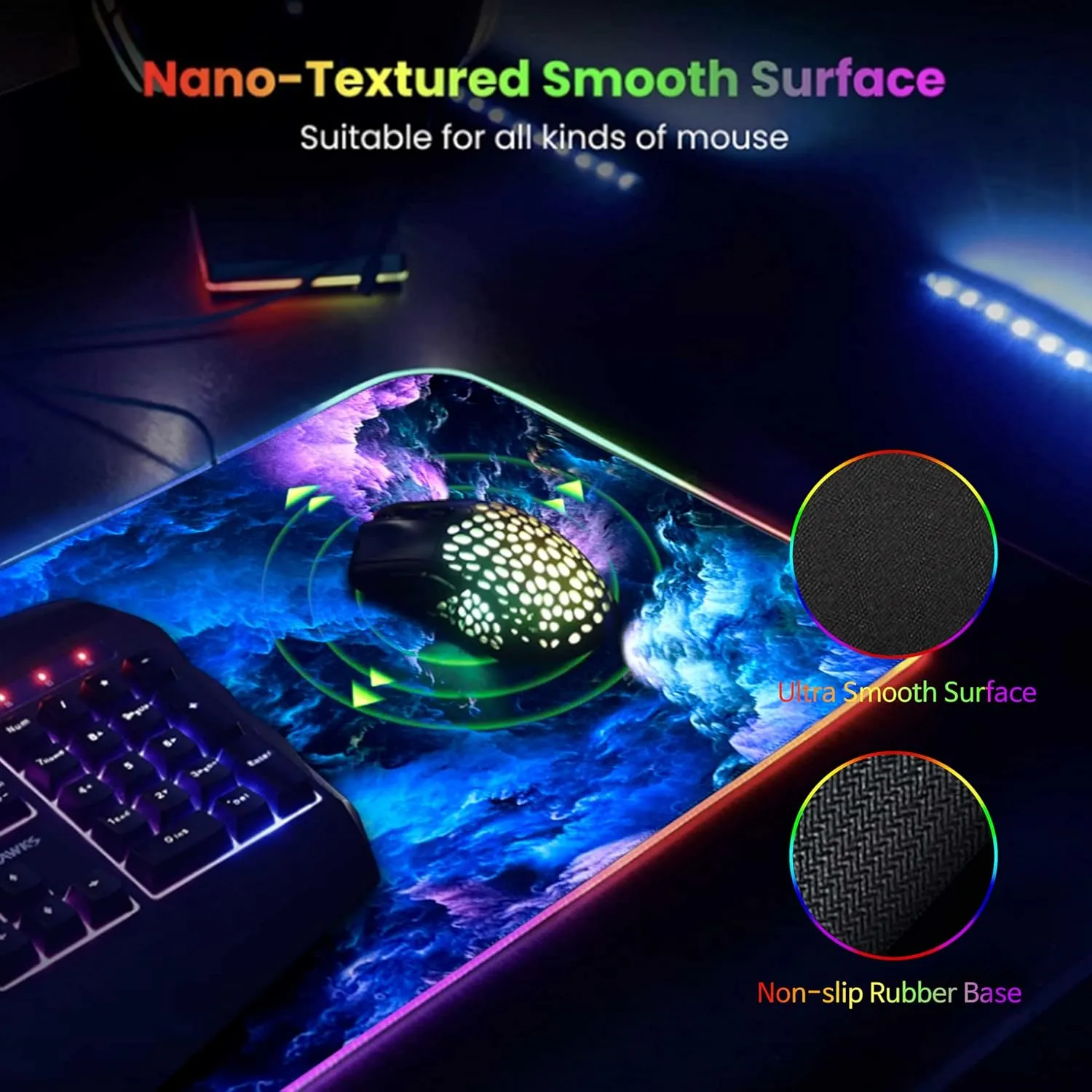 Gerlos RGB Large Gaming Mouse Pad, Extended Soft LED Mouse Pad, Non-Slip Rubber Base, Water Resist Keyboard Pad, Computer Mousepad 31.511.8 inches