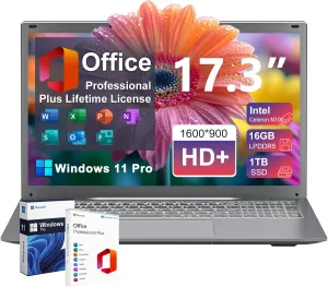 GINA 17 17.3 Inch HD  Display Laptop Computer, Windows 11 Pro, 16GB LPDDR5 RAM, 1TB SSD, Intel 12th N100 Processor, Backlit Keyboard, Fingerprint, USB 3.2, HDMI, 720p Webcam, Free MS Office