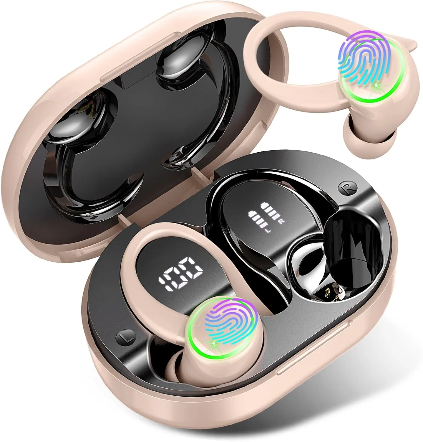 Headphones Bluetooth 5.3 Wireless Earbuds ENC Noise Cancelling Mic, Bass Stereo Over Ear buds with Earhooks, 48H Playback and Dual LED Display, IP7 Waterproof Earphones for Sports/Workouts/Gym/Gaming