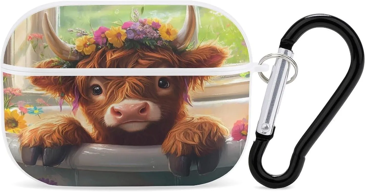 Highland Cow Earbud Case Bluetooth Headphone Case Full Protective Case with Keychain Compatible with Airpods Pro White-Style