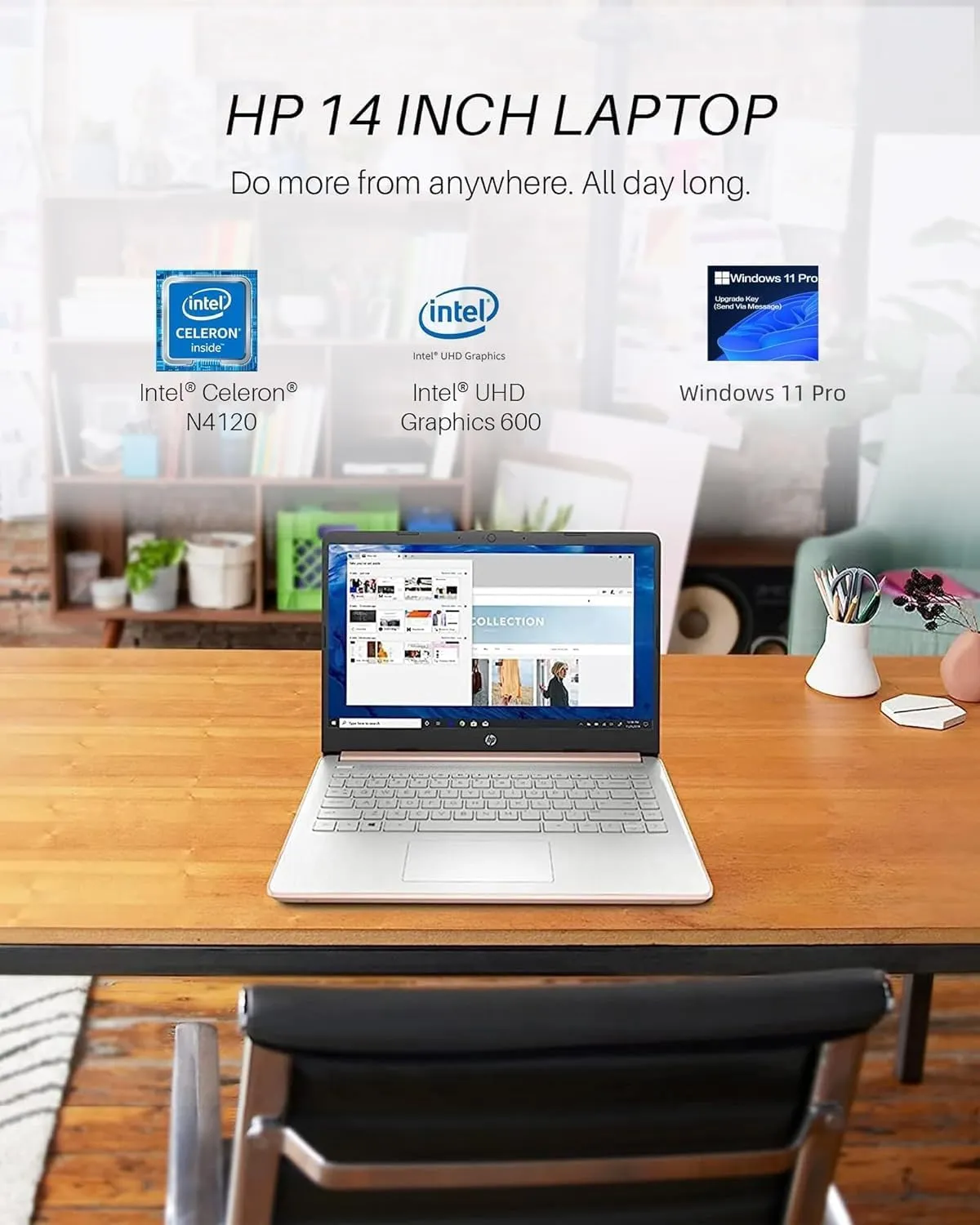 HP 14" Laptop for Business, Intel Quad-Core N4120, 16GB RAM   384GB (128GB eMMC 256GB MSD), Long Battery Life, Wi-Fi, HDMI, Office Pro Lifetime License & Wind 11 Pro,w/Jawfoal Accessories, Rose Gold