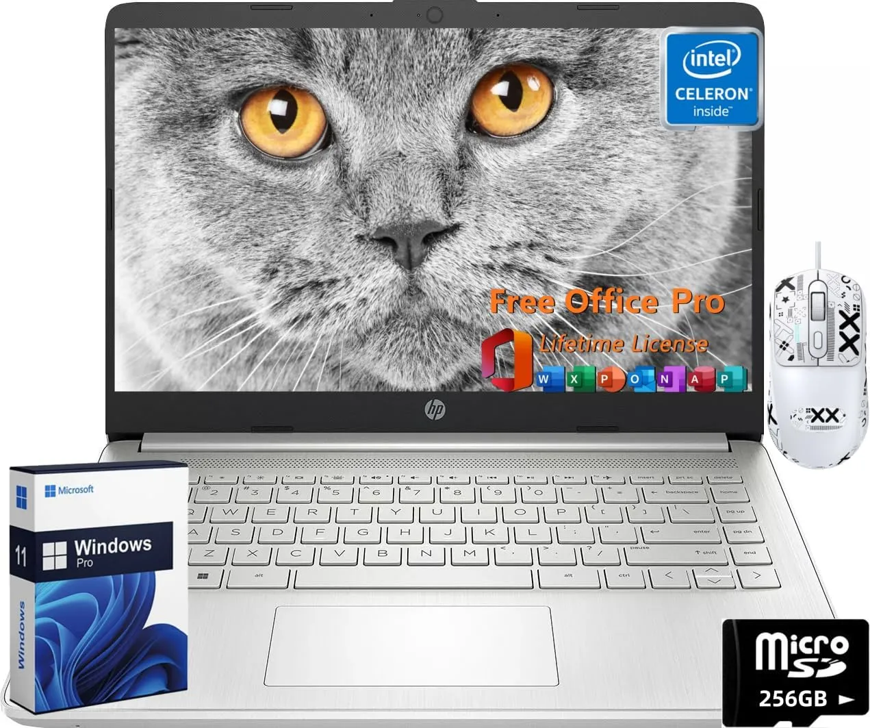 HP 14" Laptop for Business, Intel Quad-Core N4120, 16GB RAM   384GB (128GB eMMC 256GB MSD), Long Battery Life, Wi-Fi, HDMI, Office Pro Lifetime License & Wind 11 Pro,w/Jawfoal Accessories, Silver
