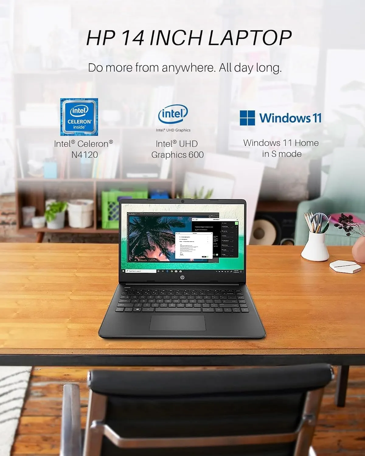 HP 14" Laptop for Student Business, with 1-Year Office 365, Intel Quad-Core N4120, 8 GB RAM   384 GB Storage (128GB eMMC 256GB MSD), Long Battery Life, Wi-Fi, HDMI, Windows 11 S, Mouse, Black