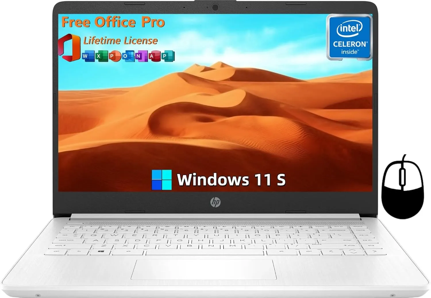 HP 14" Ultral Light Laptops, Intel Celeron N4120, 16GB RAM, 320GB Storage(64GB eMMC 256GB Micro SD), with Office Lifetime License & Windows 11 S, Long Battery Life, Wi-Fi, MicroSD, HDMI, White