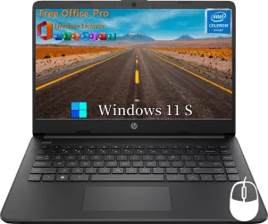 HP 14" Ultral Light Laptops, Intel Celeron N4120, 8GB RAM, 384GB Storage(128GB eMMC 256GB Micro SD), with Office Lifetime License & Windows 11 S, Long Battery Life, Wi-Fi, MicroSD, HDMI, Black