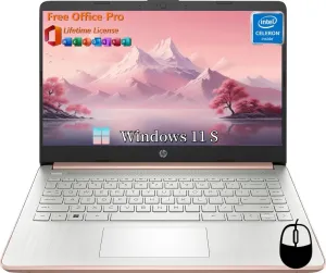 HP 14" Ultral Light Laptops, Intel Celeron N4120, 8GB RAM, 384GB Storage(128GB eMMC 256GB Micro SD), with Office Lifetime License & Windows 11 S, Long Battery Life, Wi-Fi, MicroSD, HDMI, Rose Gold