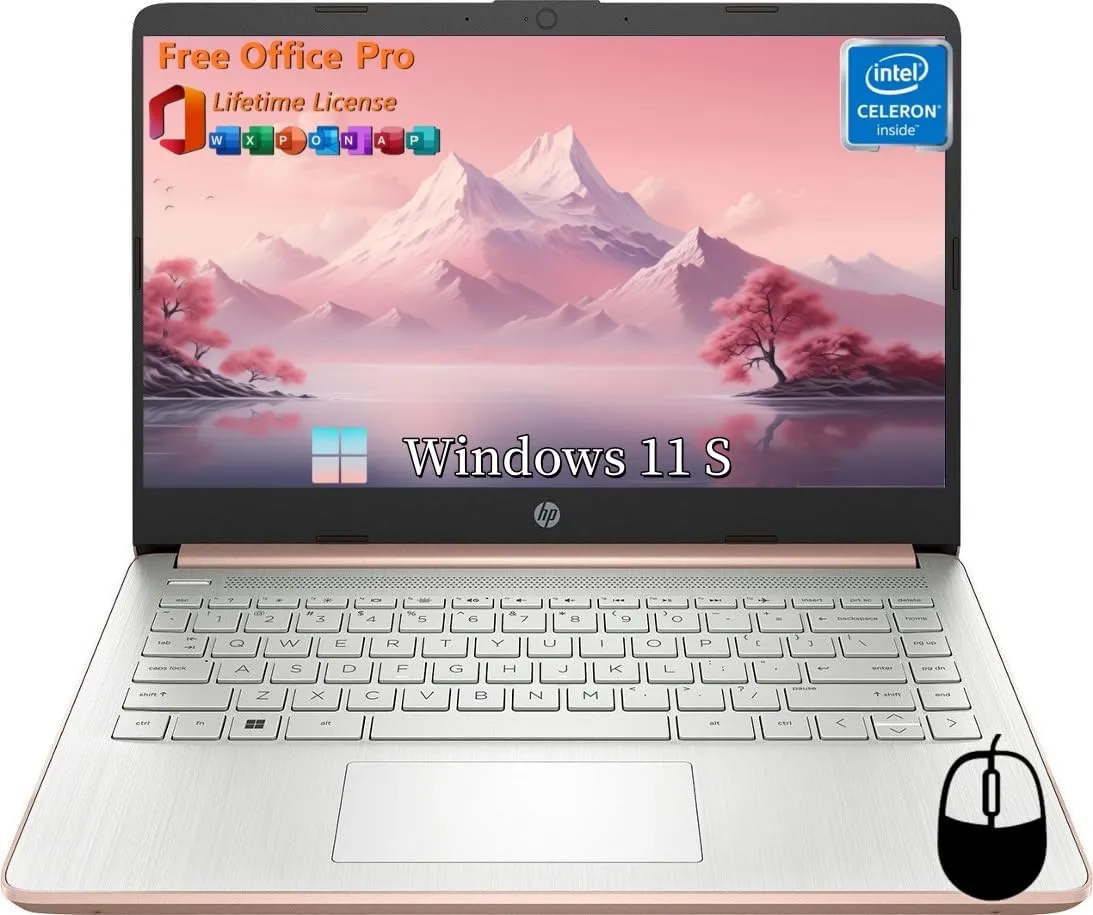 HP 14" Ultral Light Laptops, Intel Celeron N4120, 8GB RAM, 384GB Storage(128GB eMMC 256GB Micro SD), with Office Lifetime License & Windows 11 S, Long Battery Life, Wi-Fi, MicroSD, HDMI, Rose Gold