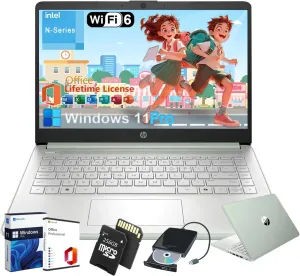 HP 2025 Business Laptop Computer - w/Microsoft Office Lifetime & External DVD Drive  16GB RAM  128GB UFS & 256GB Extend Micro SD  Intel 4-Core Processor  HD Display  Win11 Pro(Green)