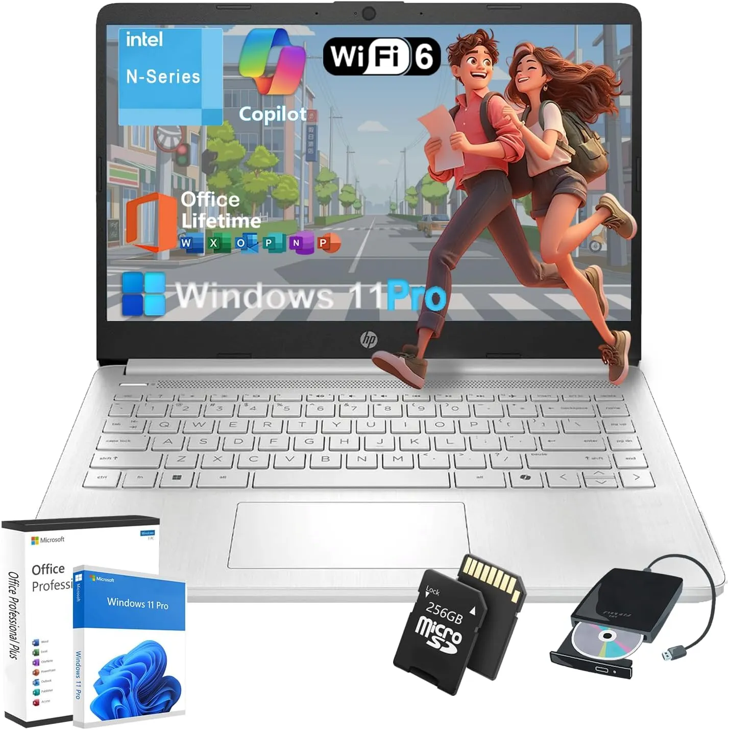 HP 2025 Business Laptop Computer - w/Microsoft Office Lifetime & External DVD Drive  16GB RAM  128GB UFS & 256GB Extend Micro SD  Intel 4-Core Processor  HD Display  Win11 Pro(Silver)