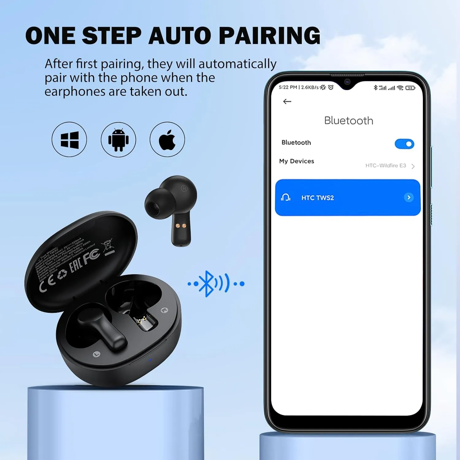 HTC True Wireless Earbuds 1 Bluetooth 5.3 Earphones, in-Ear Headphone ENC Noise Cancellation with Type C Charging Case, 40Hours Playtime/Built-in Mic/Touch Control