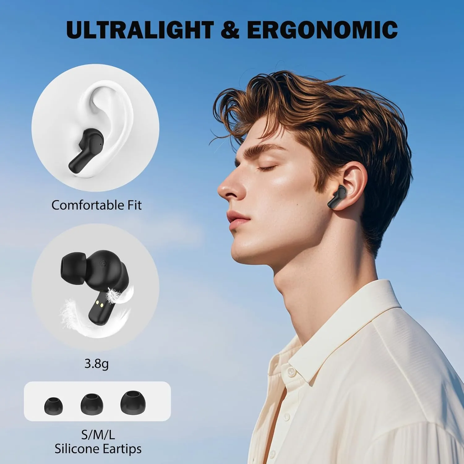 HTC True Wireless Earbuds 1 Bluetooth 5.3 Earphones, in-Ear Headphone ENC Noise Cancellation with Type C Charging Case, 40Hours Playtime/Built-in Mic/Touch Control