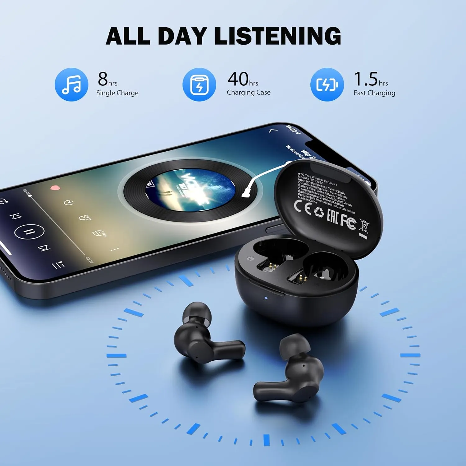 HTC True Wireless Earbuds 1 Bluetooth 5.3 Earphones, in-Ear Headphone ENC Noise Cancellation with Type C Charging Case, 40Hours Playtime/Built-in Mic/Touch Control