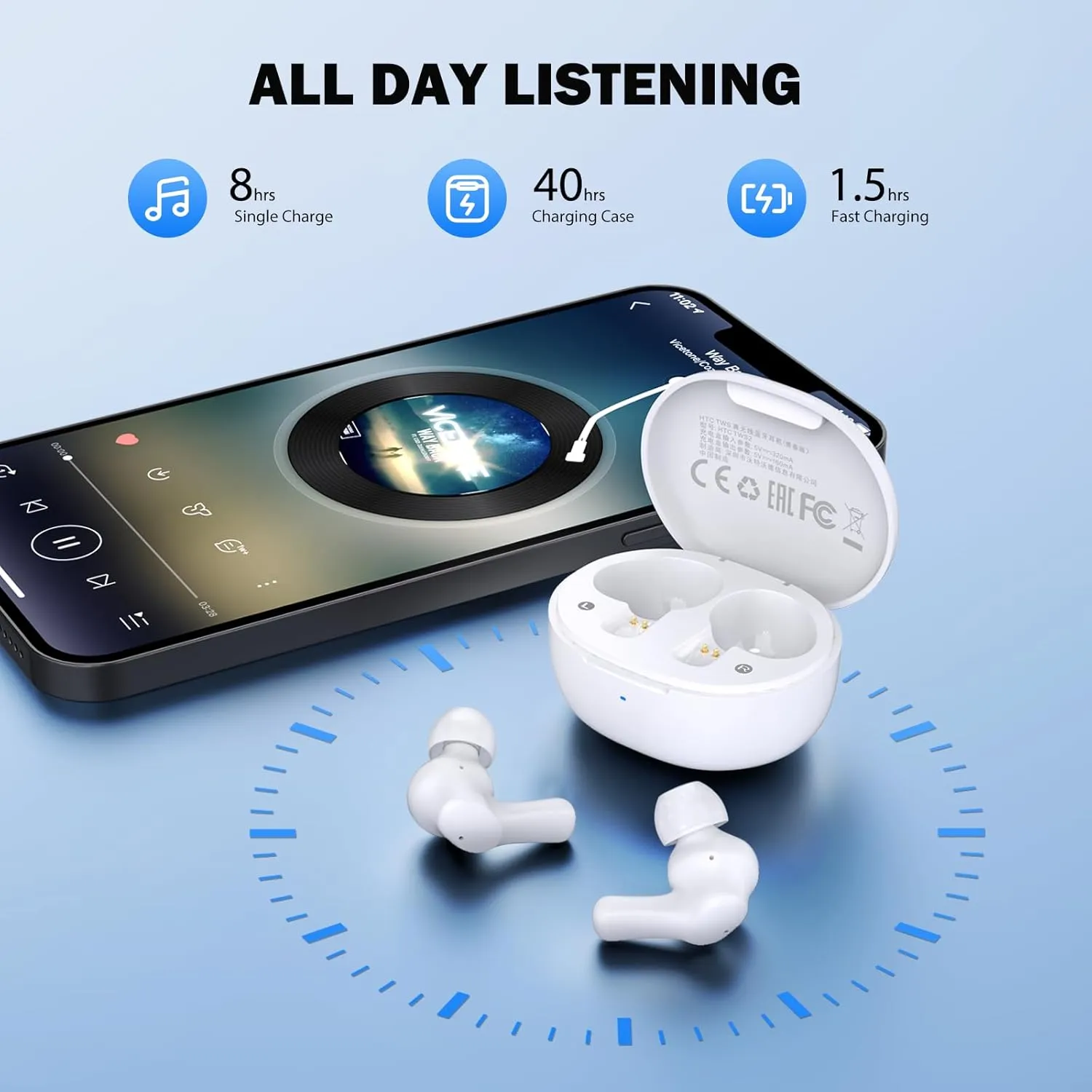 HTC True Wireless Earbuds 1- Bluetooth Wireless Earphone Stereo Deep Bass with USB C Charging Case, 40 Hours Playtime, Built-in Microphone & Touch Control - Ideal for Driver, Work, Sport