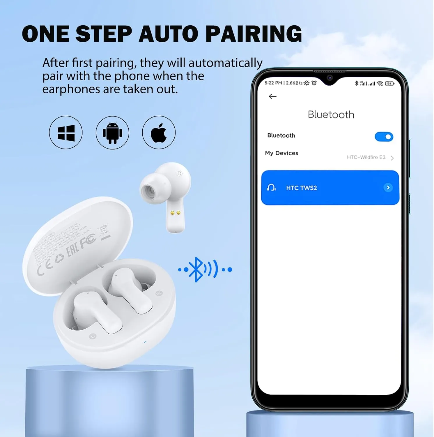 HTC True Wireless Earbuds 1- Bluetooth Wireless Earphone Stereo Deep Bass with USB C Charging Case, 40 Hours Playtime, Built-in Microphone & Touch Control - Ideal for Driver, Work, Sport