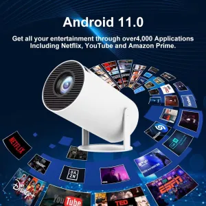 HY300 Smart Projector with WIFI6 & Bluetooth 5.0, 4K 1080P Support, Android TV 11.0, 180 Rotatable Portable Movie Projector, Compatible with Laptop, PC, Smartphone, and Gaming Consoles