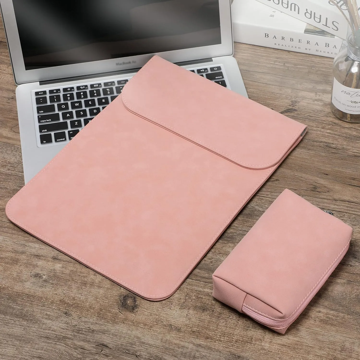 HYZUO 15-16 Inch Laptop Sleeve Compatible with MacBook Pro 16 M3/M2/M1 Pro/Max A2991 A2780 A2485 A2141 2024-2019, MacBook Pro 15 2012-2015, XPS 15, Faux Suede Leather Case with Small Bag, Pink
