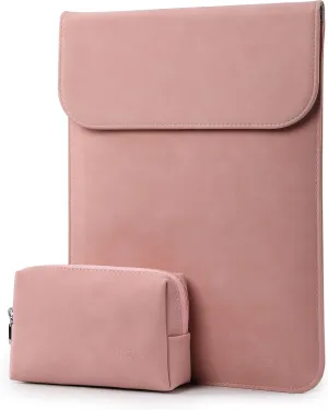 HYZUO 15-16 Inch Laptop Sleeve Compatible with MacBook Pro 16 M3/M2/M1 Pro/Max A2991 A2780 A2485 A2141 2024-2019, MacBook Pro 15 2012-2015, XPS 15, Faux Suede Leather Case with Small Bag, Pink