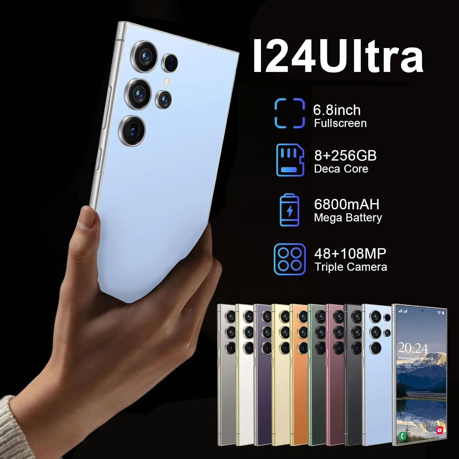 I24 Ultra Unlocked Cell Phones Smartphone Android 13 Phones 8 256GB/ Built-in Pen/ 6.8" HD Screen/ 6800mAh Battery/ 48MP 108MP Dual Camera/Dual SIM/Face ID/Fingerprint Lock (Blue 8 256)