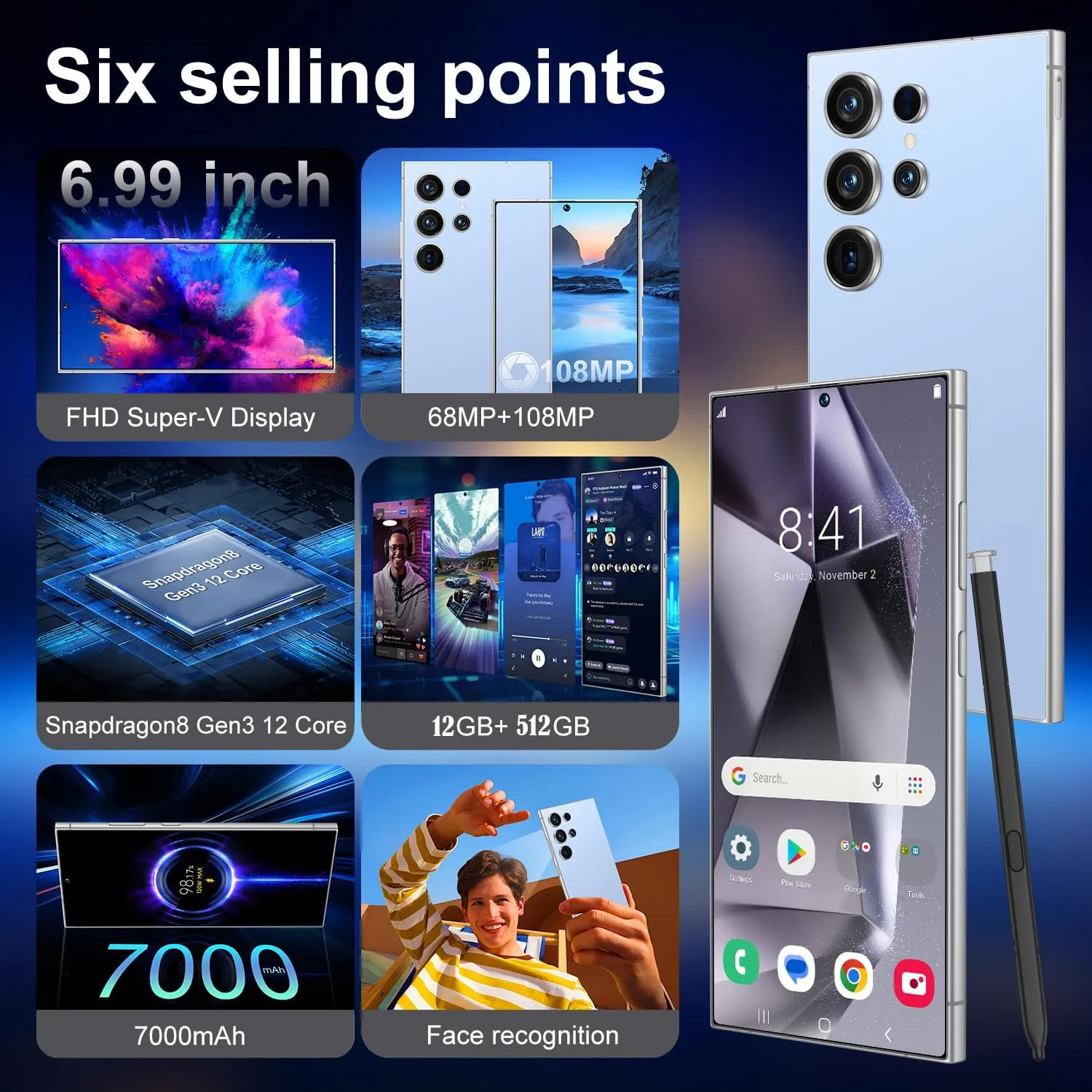 I25 Ultra Unlocked Phone,Android 14 12 512GB Smartphone,Built in Pen The Phone,Cell Phone Battery 7000mAh 6.99" HD Screen,Dual SIM/5G/Face ID/Fingerprint Lock/GPS (Blue, 12 512G)