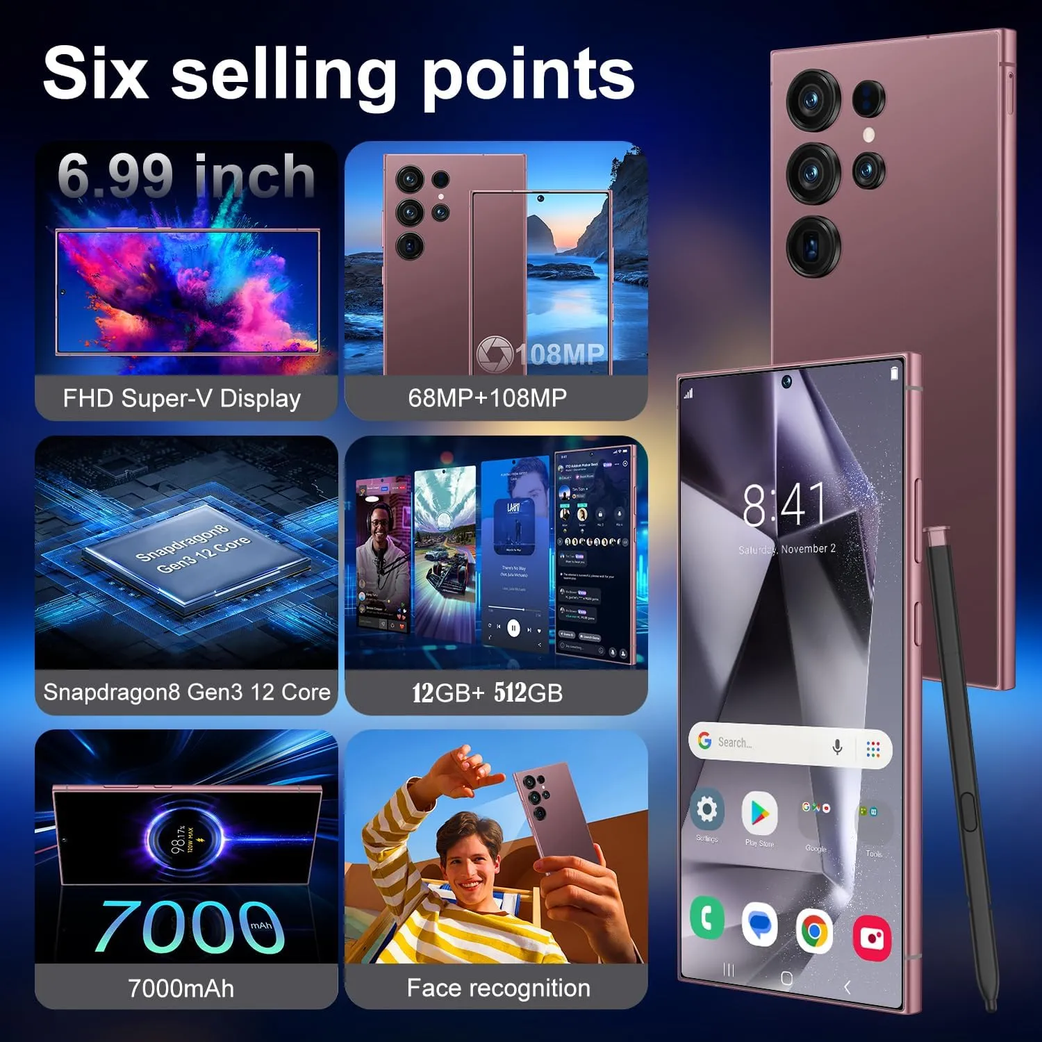 I25 Ultra Unlocked Phone,Android 14 12 512GB Smartphone,Built in Pen The Phone,Cell Phone Battery 7000mAh 6.99" HD Screen,Dual SIM/5G/Face ID/Fingerprint Lock/GPS (Rose Gold, 12 512G)