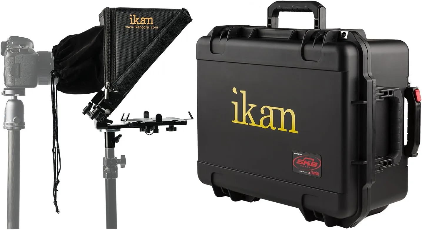 Ikan Elite Tablet Teleprompter for Light Stands w/Rolling Case, Supports Ipad, Android, and Windows Tablets, Foldable Glass Frame (PT-Elite-LS-TK) - Black