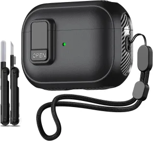 Inesore Compatible with AirPods Pro 2nd Generation Case,with Lock Clip Carbon Fiber Design Protection Case for Airpods Pro 2nd/1st Gen (2023/2022/2019) with Lanyard/Cleaning Pen - Balck