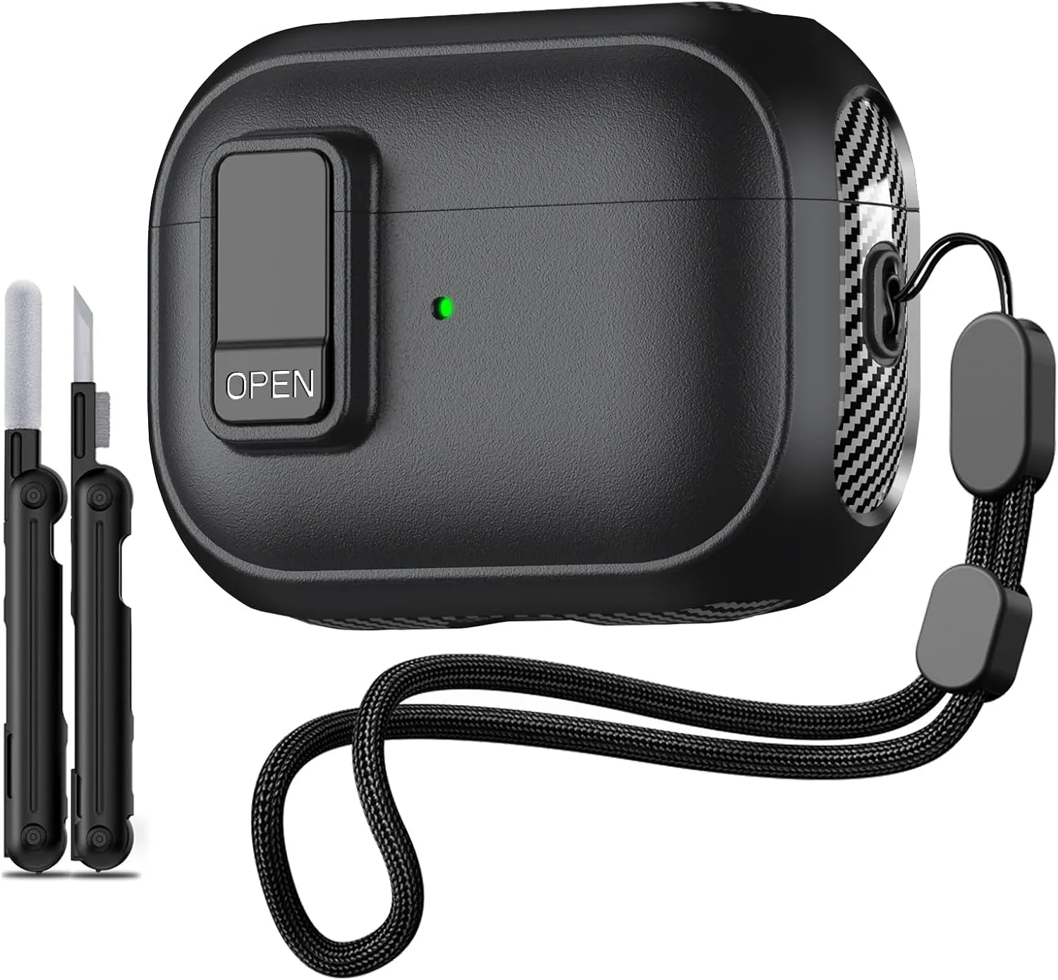 Inesore Compatible with AirPods Pro 2nd Generation Case,with Lock Clip Carbon Fiber Design Protection Case for Airpods Pro 2nd/1st Gen (2023/2022/2019) with Lanyard/Cleaning Pen - Balck
