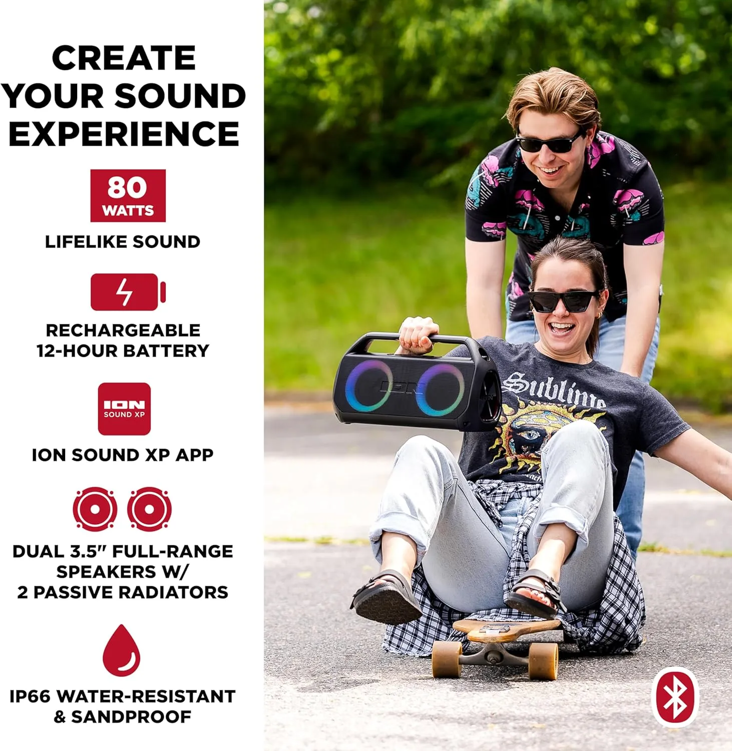 ION Uber Boom Ultra, High-Power Portable Bluetooth Stereo Speaker System with Lights, Rechargeable Battery, App Control, USB Playback, Water-Resistant and Sandproof, 80W