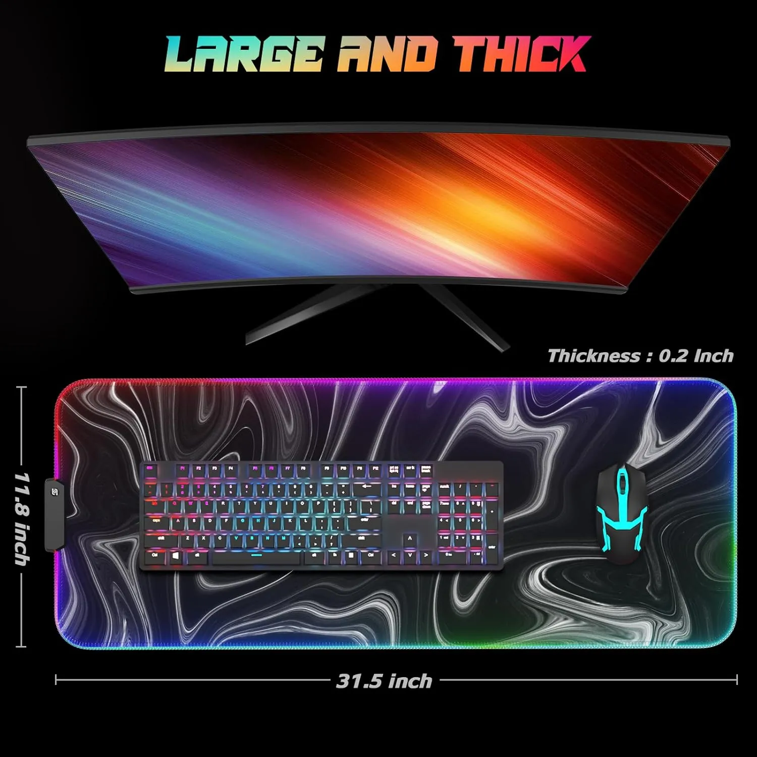 ITNRSIIET RGB Gaming Mouse Pad, Full Desk XL Extended Large Gaming Mousepad, 12 Lighting Modes 30% Thicker Big LED Desk Mat for Gamers, 32 x 12 inches, Abstract Black and White