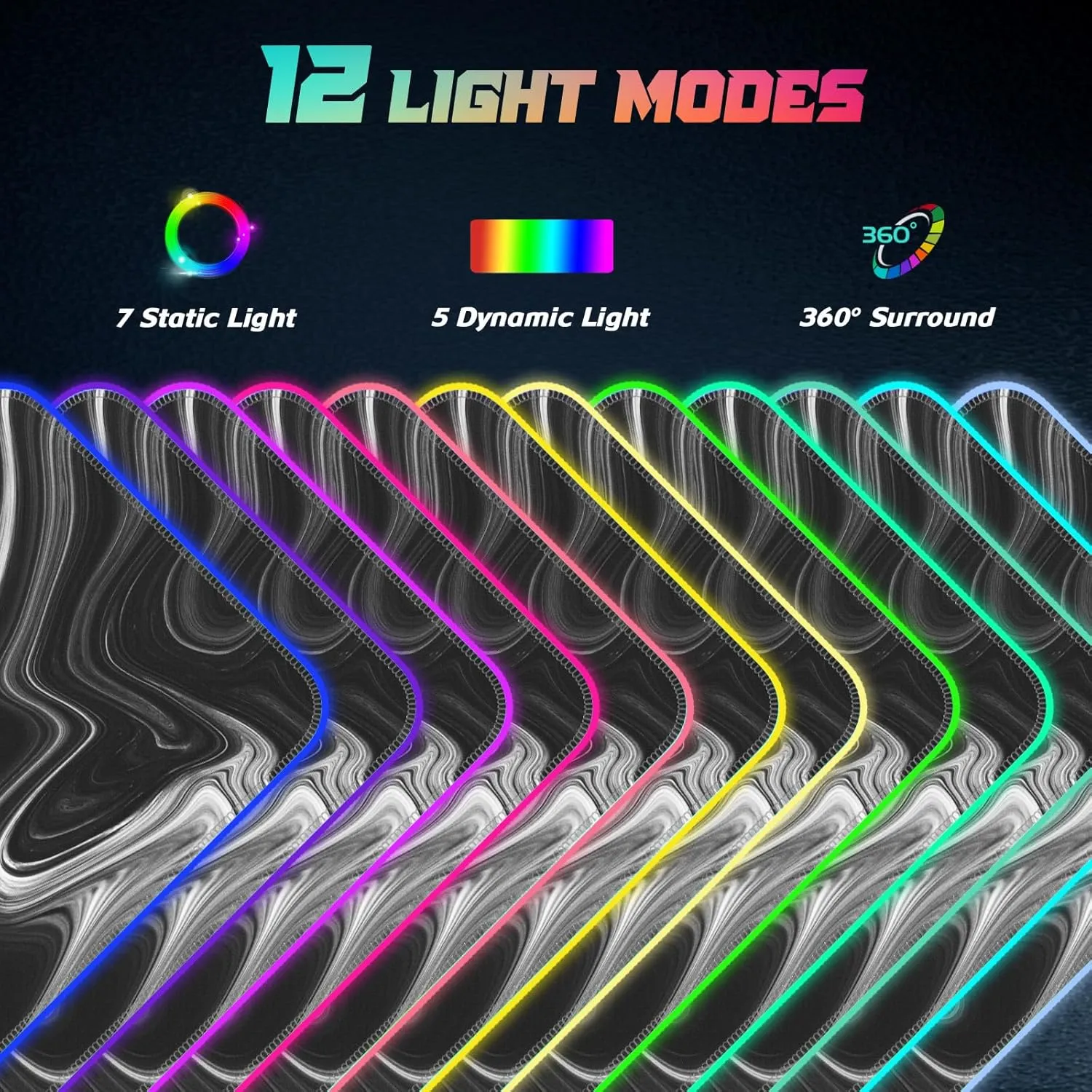 ITNRSIIET RGB Gaming Mouse Pad, Full Desk XL Extended Large Gaming Mousepad, 12 Lighting Modes 30% Thicker Big LED Desk Mat for Gamers, 32 x 12 inches, Abstract Black and White
