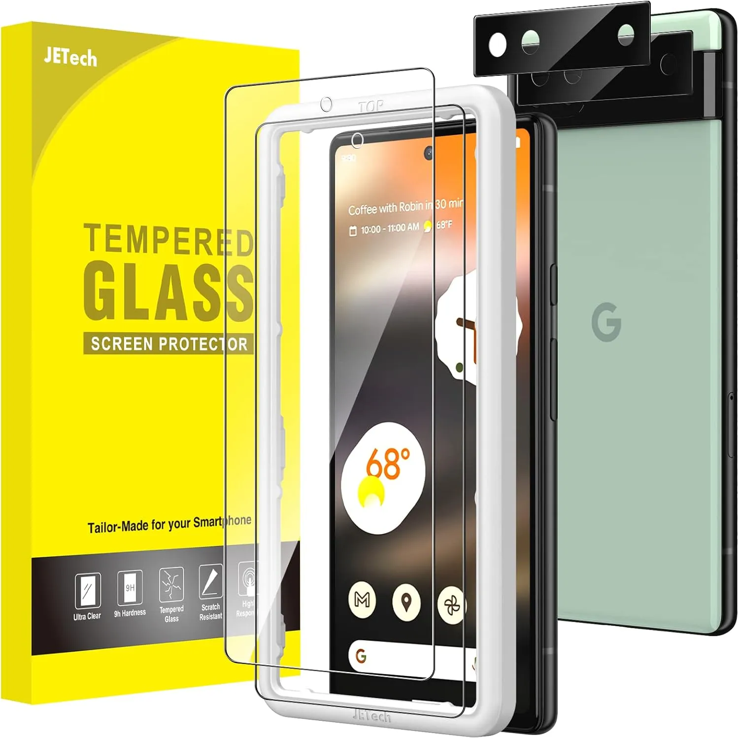 JETech Screen Protector for Google Pixel 6a 6.1-Inch with Camera Lens Protector, Easy Installation Tool, Fingerprint Compatible, Tempered Glass Film, HD Clear, 2-Pack Each