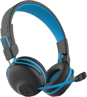 JLab JBuddies Play Gaming Wireless Kids Headset, Blue, 22  Hour Bluetooth 5 Playtime 60ms Super-Low Latency for Mobile Gameplay, Retractable Boom Mic, AUX Cord Compatible w/Gaming Consoles