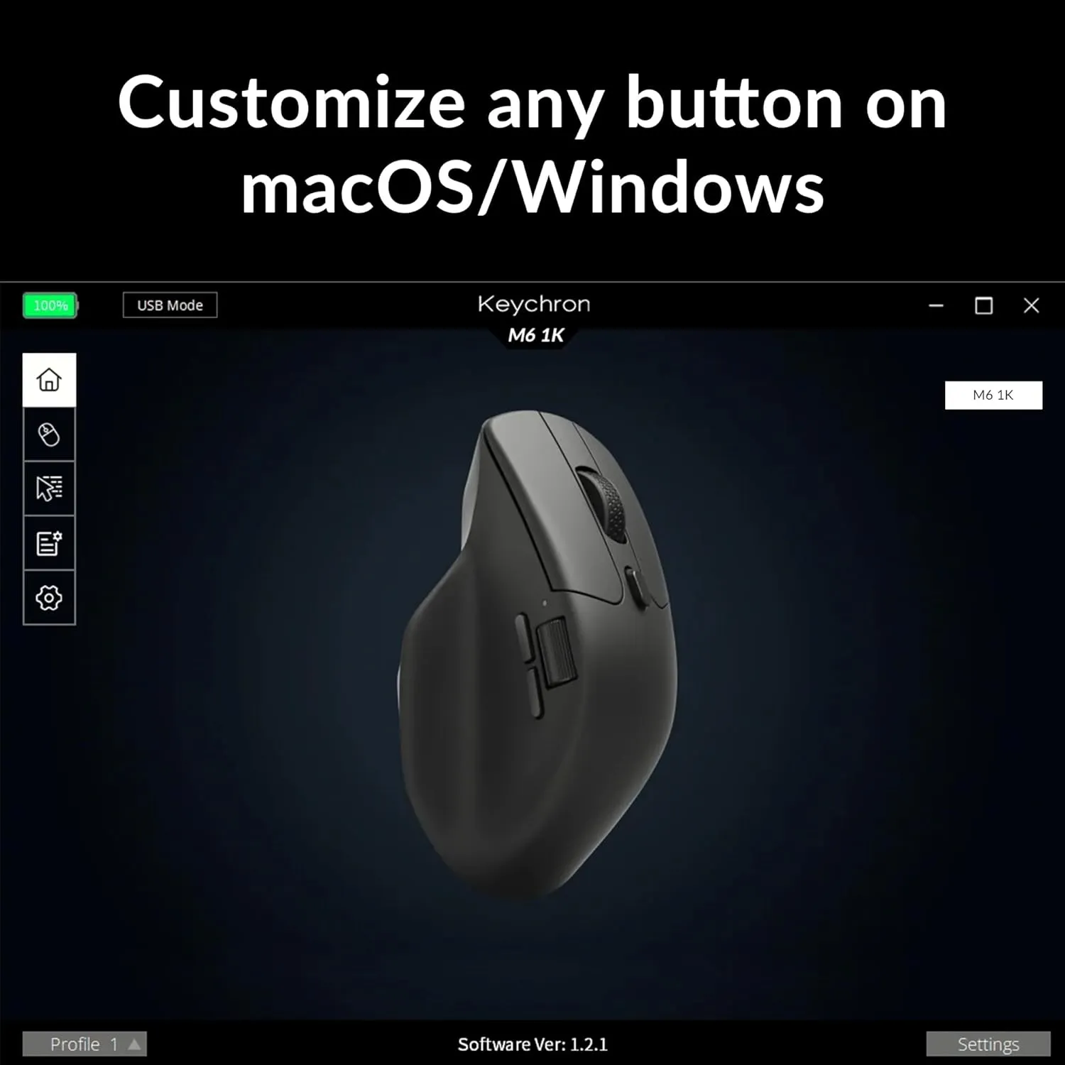Keychron M6 1000 Hz Wireless Bluetooth 5.1/2.4 GHz/Wired Optical Mouse, Lightweight 78g Programmable PixArt 3395 Sensor with up to 26K DPI/ 650 IPS for Windows Mac Linux - Black