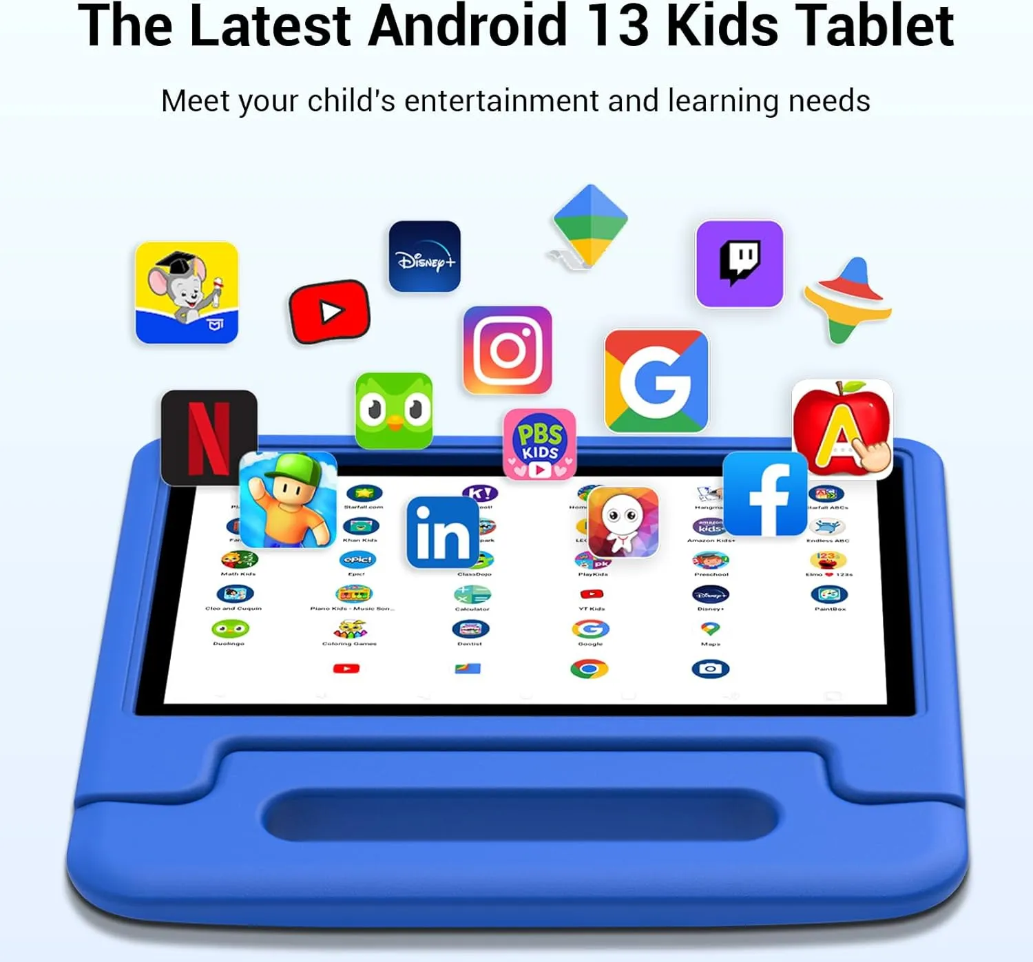 Kids Tablet 10 inch, Android 13 Tablet for Kids with Google Kids Space, Pre-Installed Educational Apps and Parental Control, Gift for Kids, 2 32GB Storage, 5000mAh, EVA Case (Blue)