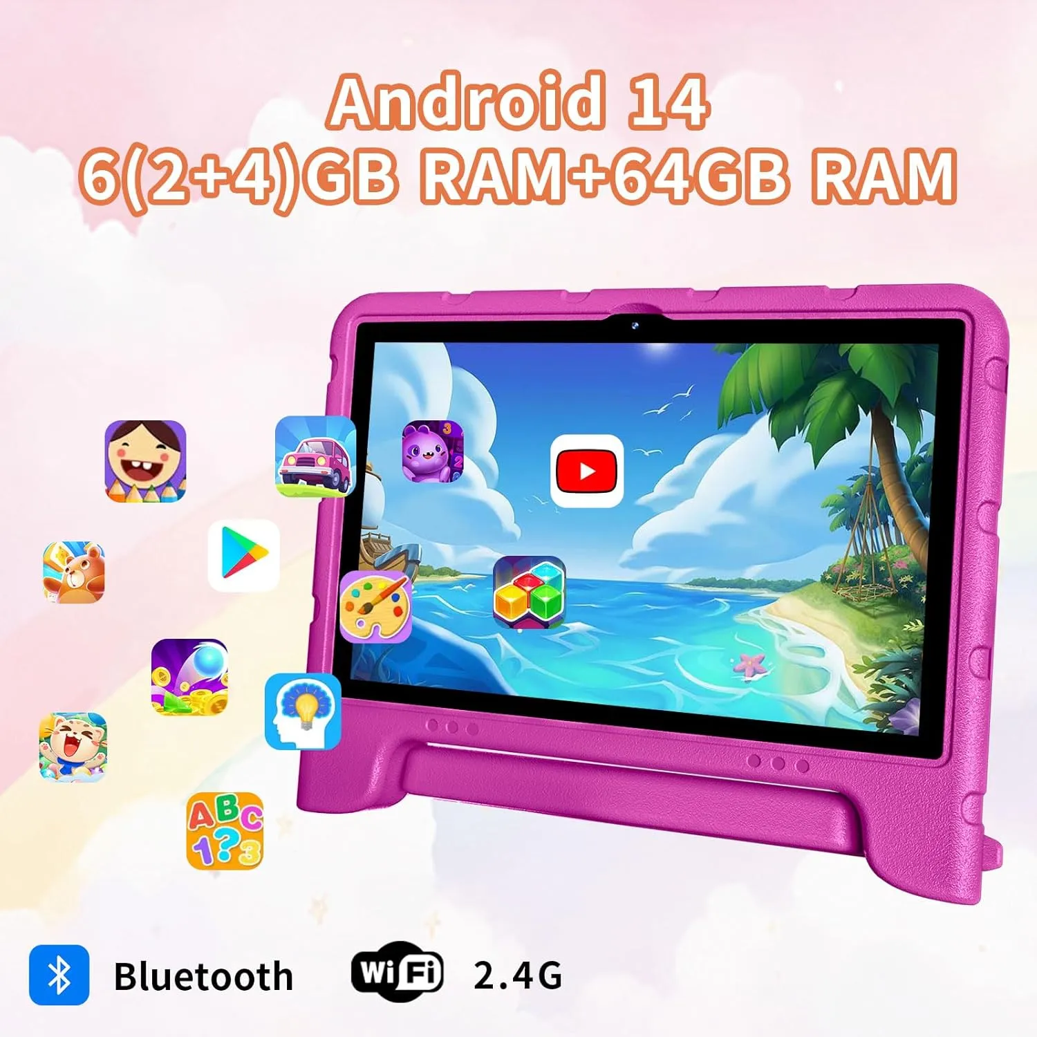 Kids Tablet Android 14 Tablet 10 inch Kids Tablets with Case Quad Core 64GB Dual Camera Parental Controls 2.4G WiFi Educational Tablets (Pink)