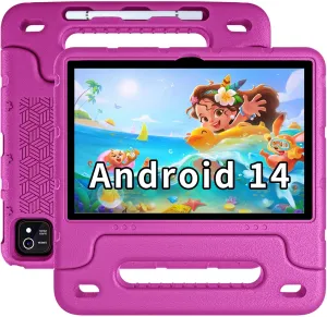 Kids Tablet Android 14 Tablet 10 inch Kids Tablets with Case Quad Core 64GB Dual Camera Parental Controls 2.4G WiFi Educational Tablets (Pink)