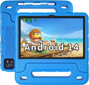 Kids Tablet Android 14 Tablet 10 inch Kids Tablets with Case Quad Core 64GB Dual Camera Parental Controls 2.4G WiFi Educational Tablets(Blue)