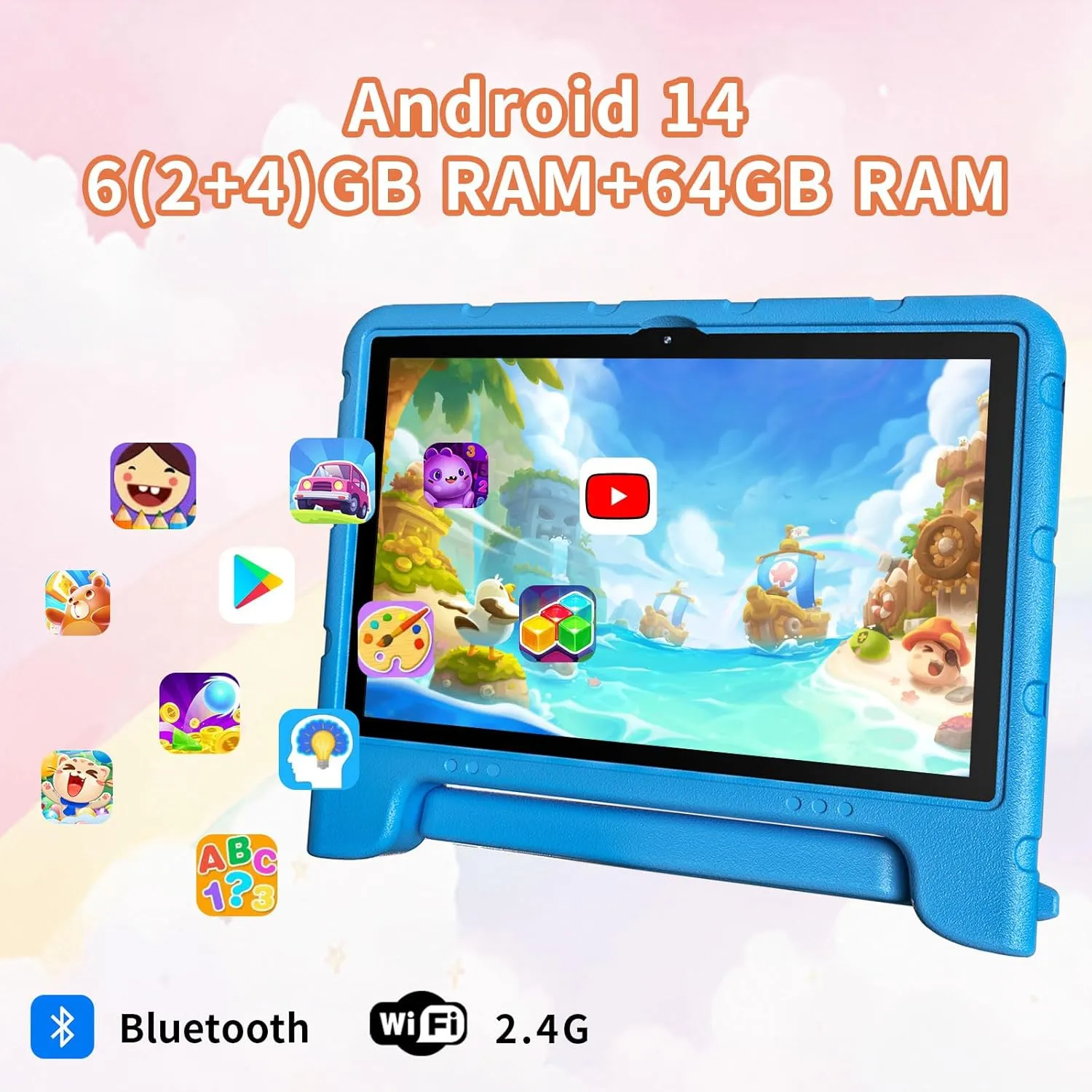 Kids Tablet Android 14 Tablet 10 inch Kids Tablets with Case Quad Core 64GB Dual Camera Parental Controls 2.4G WiFi Educational Tablets(Blue)