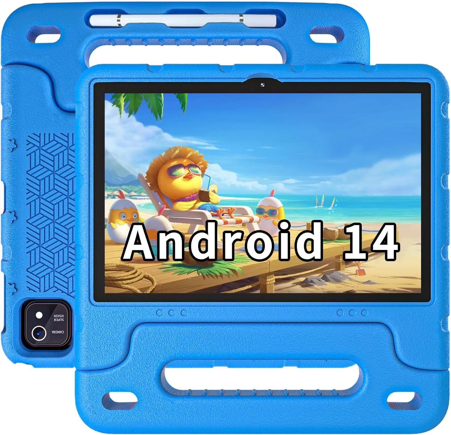 Kids Tablet Android 14 Tablet 10 inch Kids Tablets with Case Quad Core 64GB Dual Camera Parental Controls 2.4G WiFi Educational Tablets(Blue)
