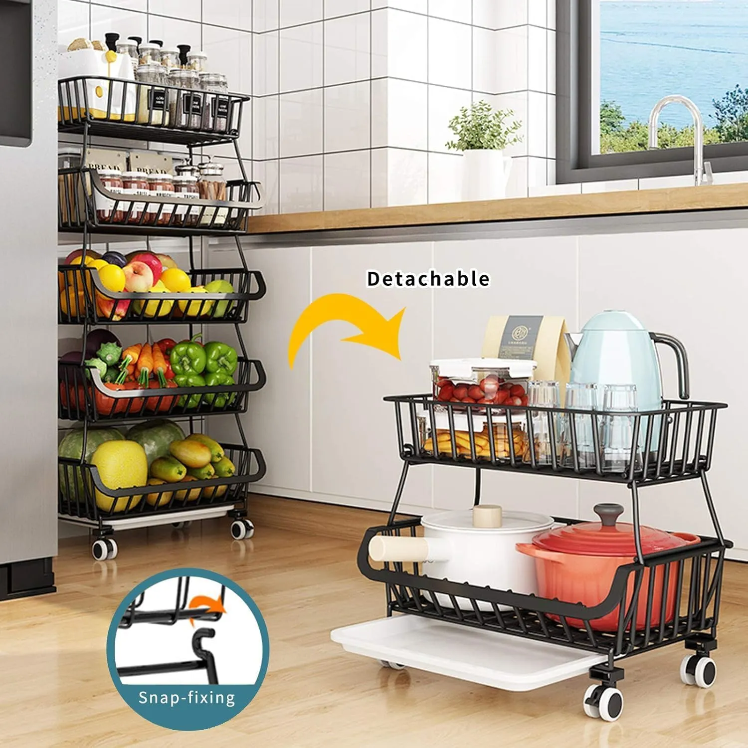 Kitchen Storage Baskets Black Iron Wire Storage Bins with Wheels and Feet, Stackable Vegetable Storage Baskets (6-Tier Baskets)