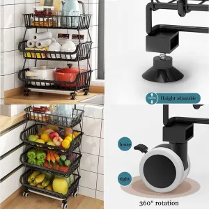 Kitchen Storage Baskets Black Iron Wire Storage Bins with Wheels and Feet, Stackable Vegetable Storage Baskets (6-Tier Baskets)