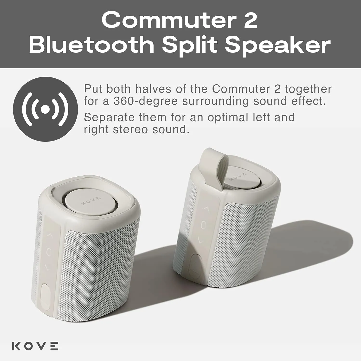 KOVE Commuter 2 Portable Speaker - Stone Bluetooth Speakers, Wireless with HD Louder Volume, Deep Bass Subwoofer, Microphone, IPX7 Water Resistant - Perfect Boom Box for Home, Outdoor or Travel